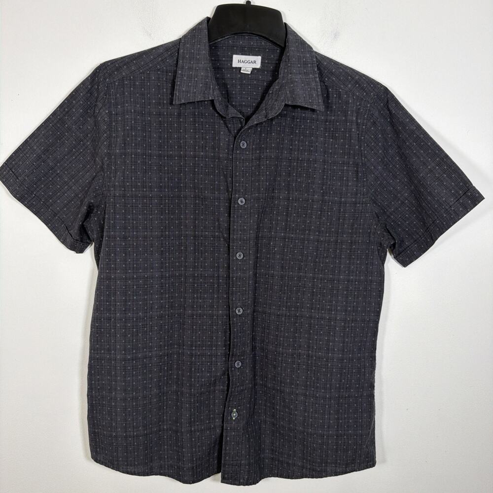 Haggar‎ Black Geometric Print Men Large Casual Button-Down Shirt Short Sleeve